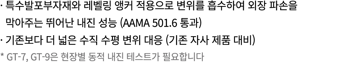 · 특수발포부자재와 레벨링 앵커 적용으로 변위를 흡수하여 외장 파손을 막아주는 뛰어난 내진 성능 (AAMA 501.6 통과) · 기존보다 더 넓은 수직 수평 변위 대응 (기존 자사 제품 대비) * GT 7, G...