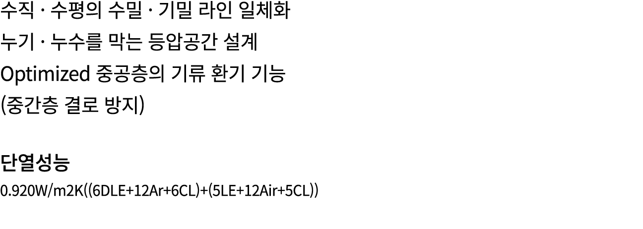 수직 · 수평의 수밀 · 기밀 라인 일체화 누기 · 누수를 막는 등압공간 설계 Optimized 중공층의 기류 환기 기능 (중간층 결로 방지) 단열성능 0.920W/m2K((6DLE+12Ar+6CL)+(5LE+...