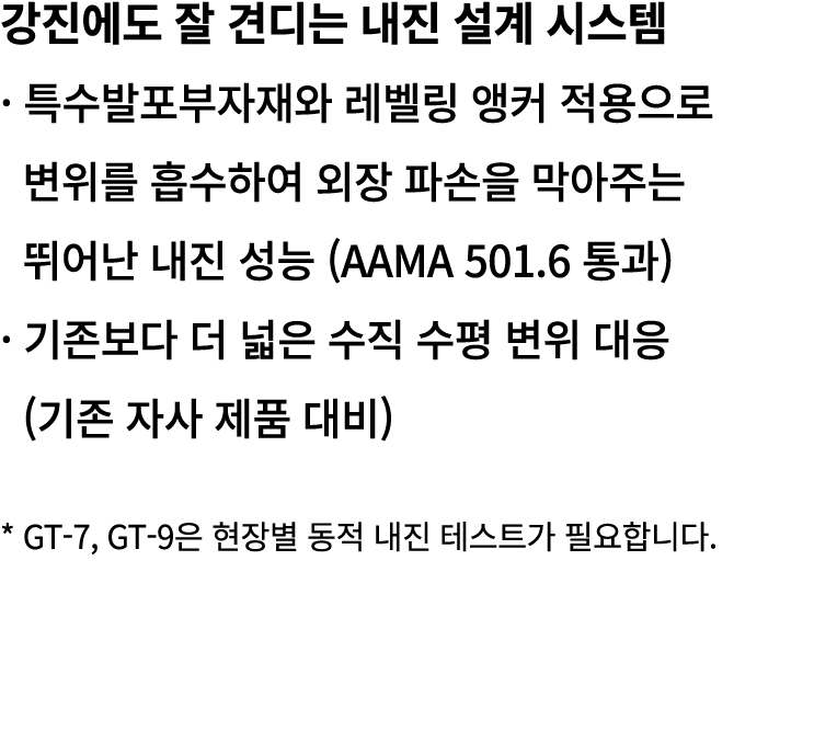 강진에도 잘 견디는 내진 설계 시스템 · 특수발포부자재와 레벨링 앵커 적용으로 변위를 흡수하여 외장 파손을 막아주는 뛰어난 내진 성능 (AAMA 501.6 통과) · 기존보다 더 넓은 수직 수평 변위 대응 (기...