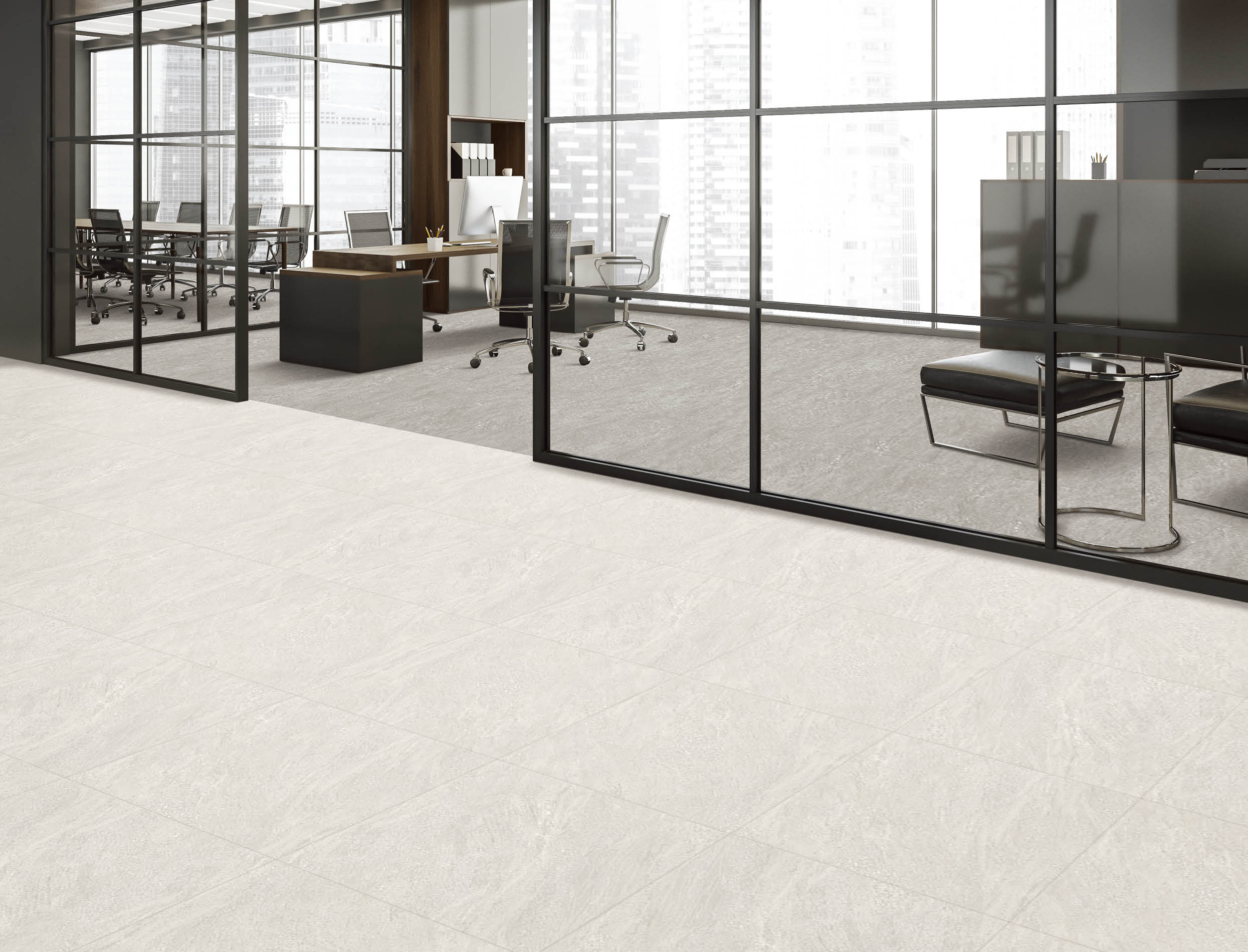 CEO office interior with glass black framed wall partitions, LED linear lights, two on trend cabinets, office desk and comfy waiting area. A concept of modern panoramic office building. 3d rendering