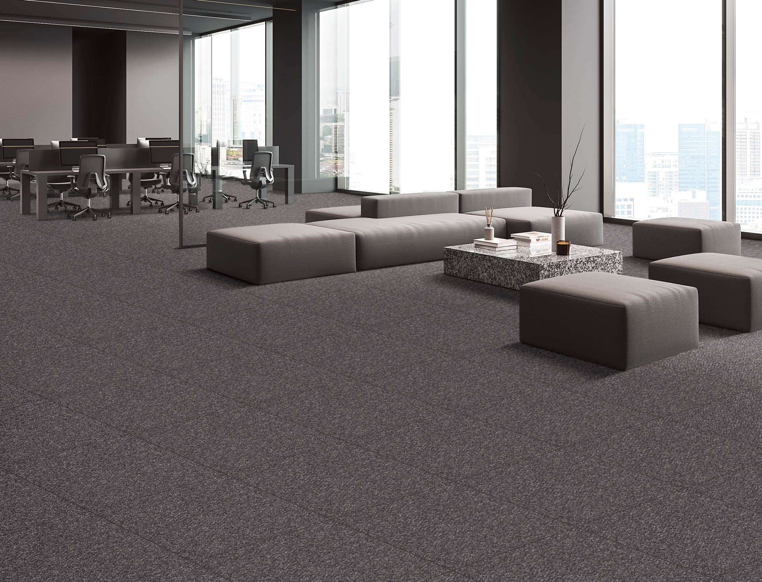 Corner of stylish office waiting room with dark gray walls, concrete floor, cozy sofas and armchairs standing near coffee table and open space area in background. 3d rendering