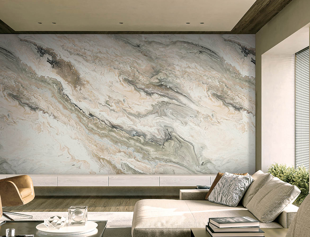 TV wall in modern interior design with stone wall features, 3d rendering; Shutterstock ID 2308617613; purchase_order: 실크벽지; job: 엘엑스; client: 윤보영