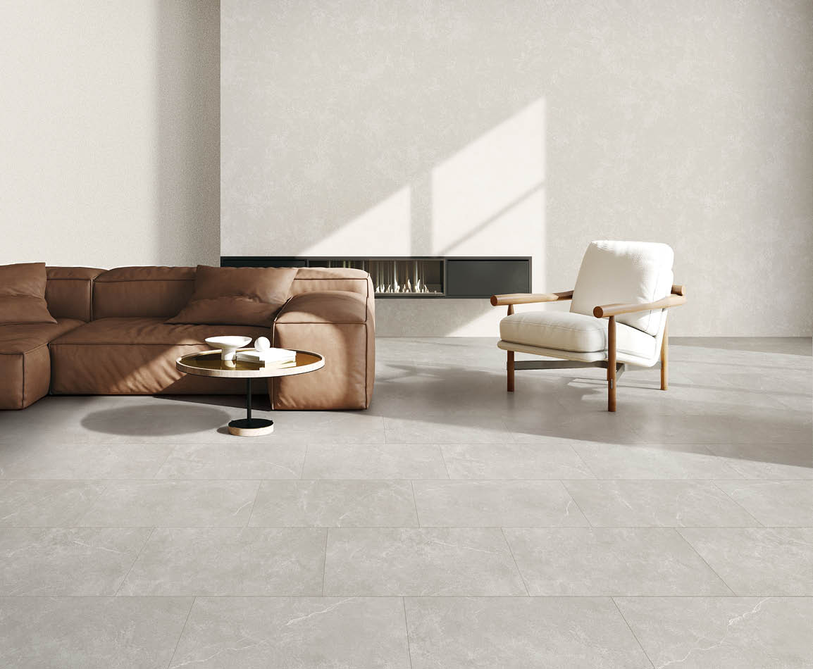 Modern living room interior mockup with leather sofa, armchair and fireplace, 3d rendering